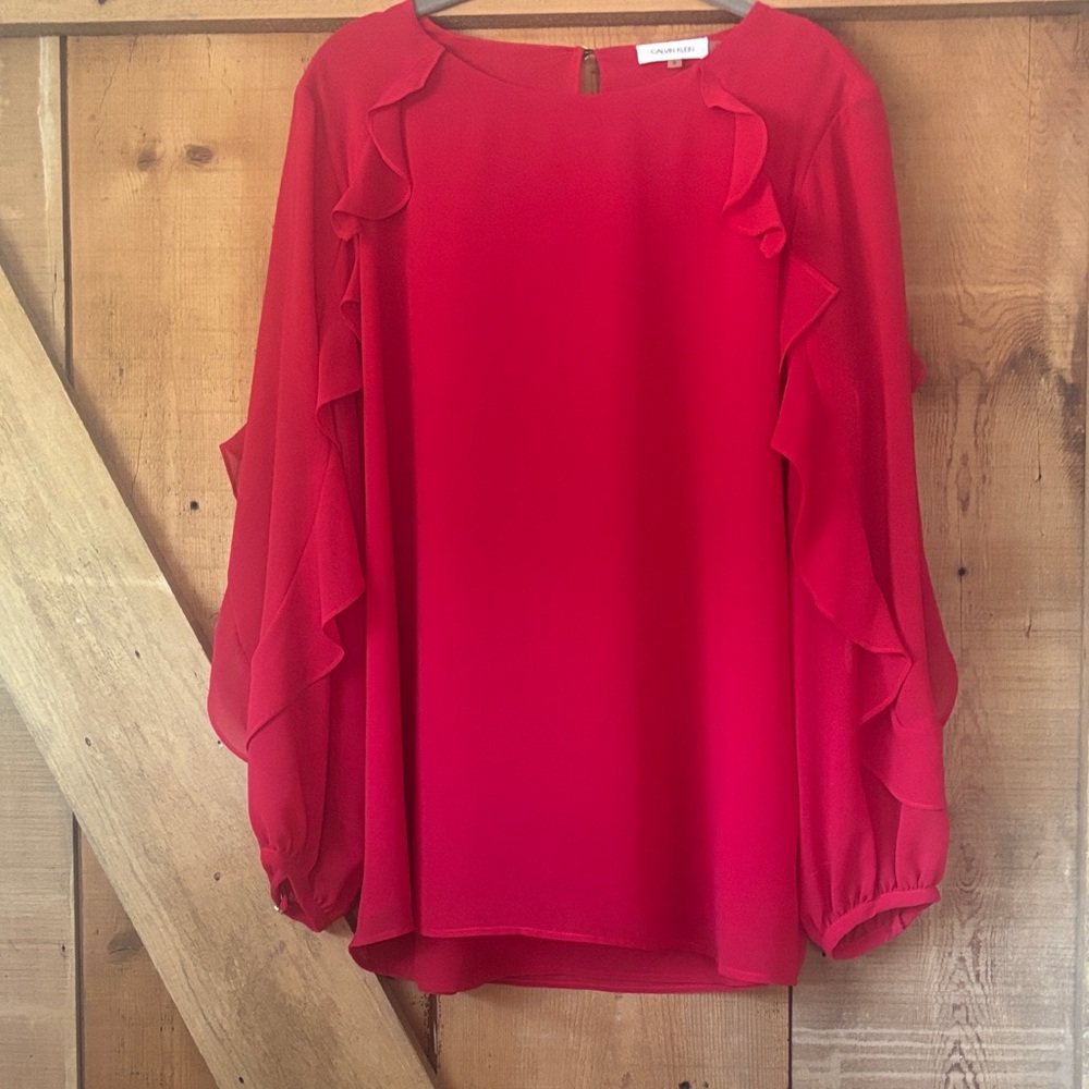 Calvin Klein Bright Red Ruffle-Sleeve Blouse
